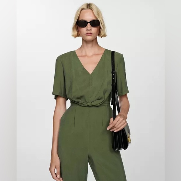 Mango Green Jumpsuit with Wrap V-Neck and Wide-Leg Pants - Picture 6 of 12
